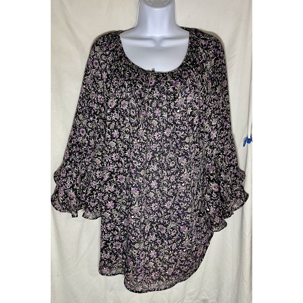 Chaps Women's Blouse XL Purple Floral Tiered Ruffle Bell Sleeve Scoop Neck Top
